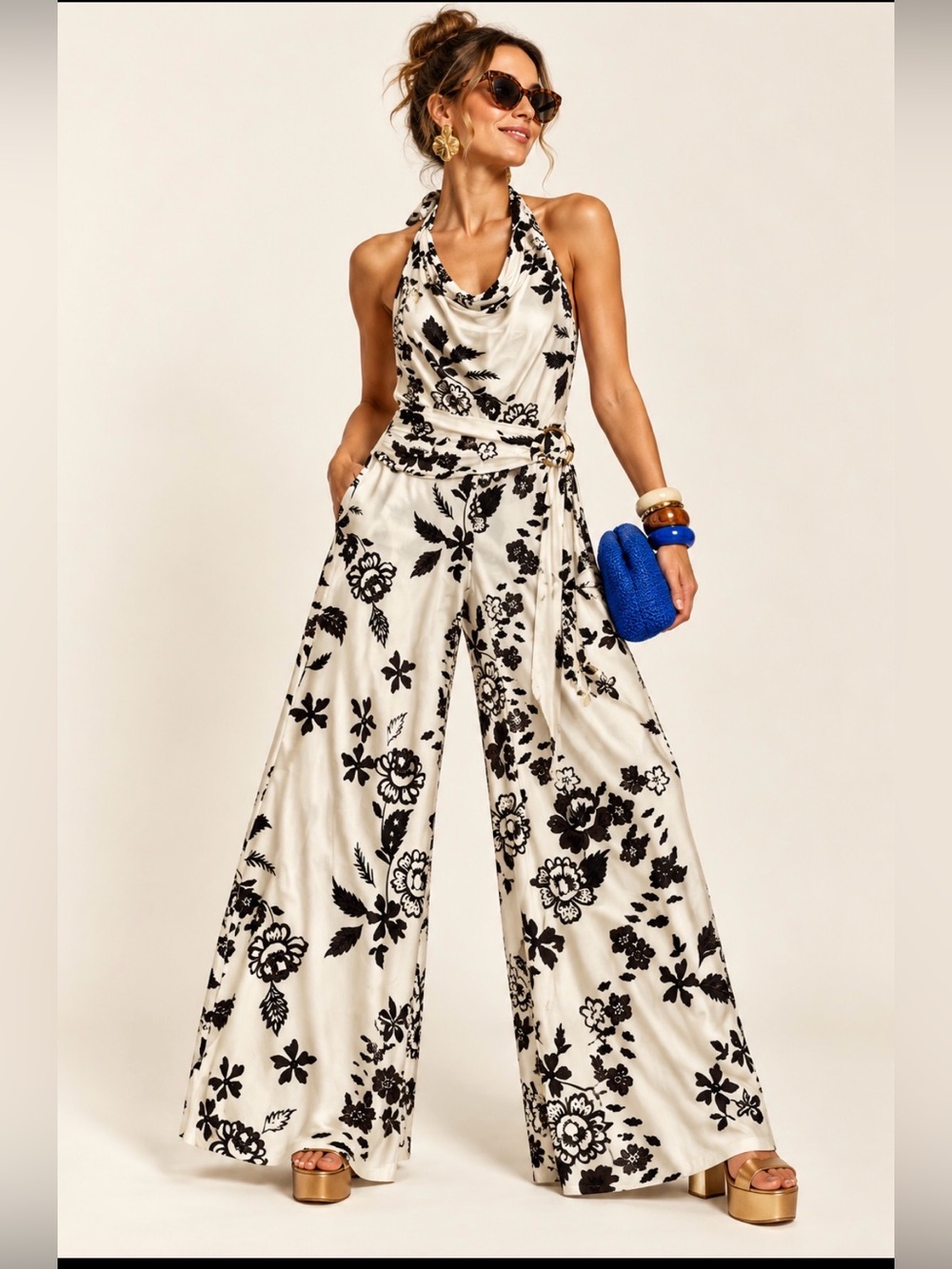 STUNNING 🌸 Women’s Cream Wide-Leg Floral Jumpsuit with Belt Made in Italy 🇮🇹